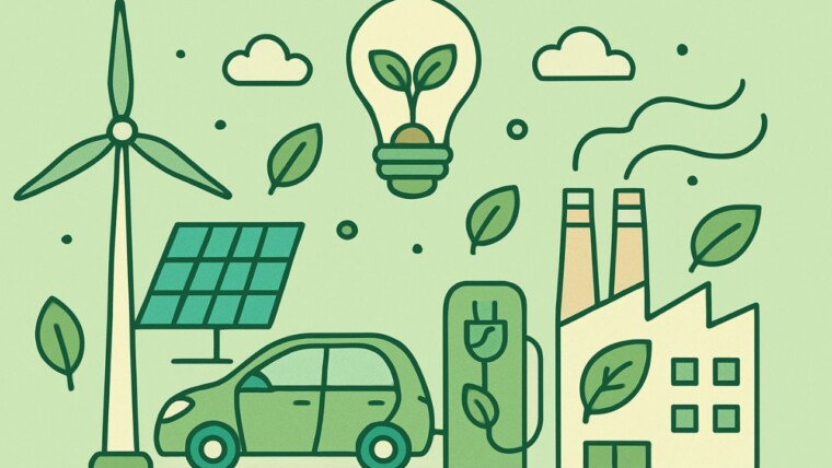 Illustration of eco-friendly technologies for sustainable living on green background