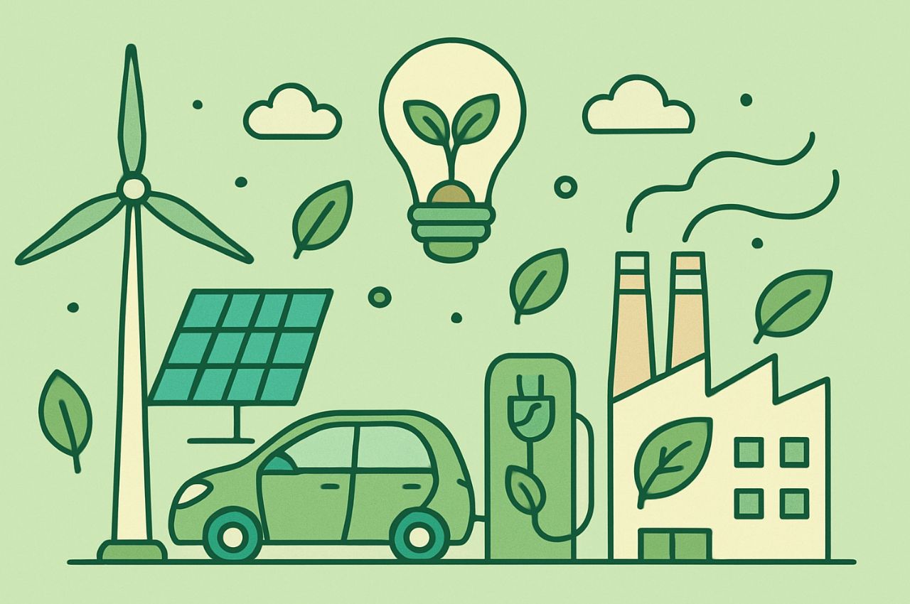 Illustration of eco-friendly technologies for sustainable living on green background