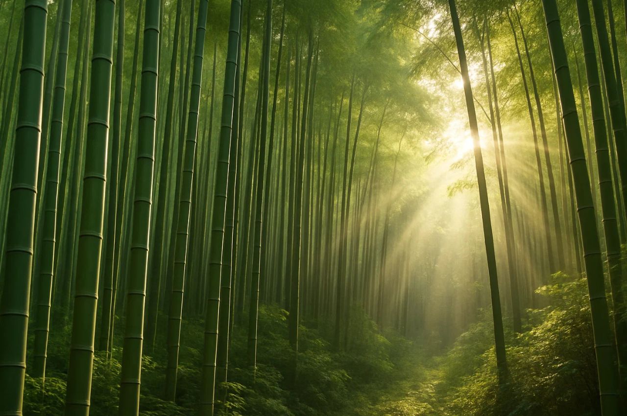 Dense bamboo forest with sunlight filtering through, symbolizing sustainable textiles.