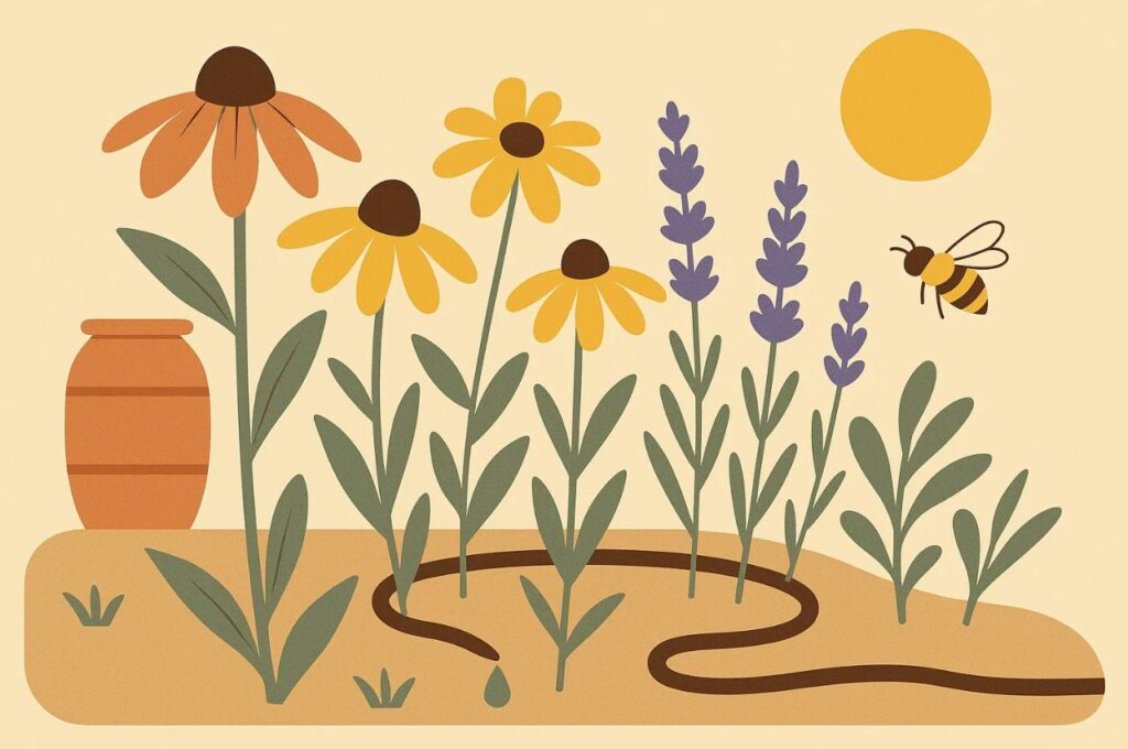 Vector illustration of drought-tolerant native flower garden with rain barrel and bee