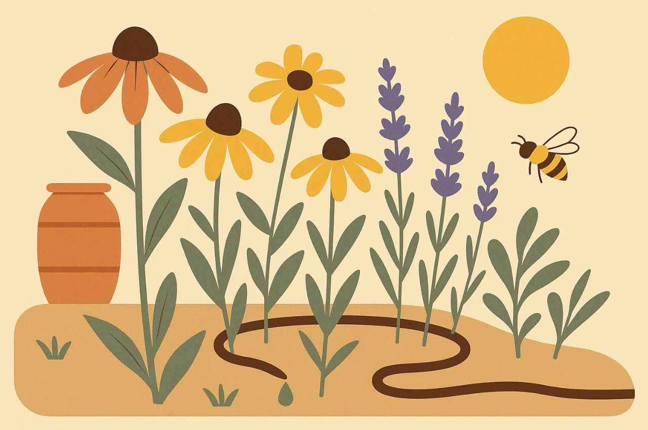 Vector illustration of drought-tolerant native flower garden with rain barrel and bee