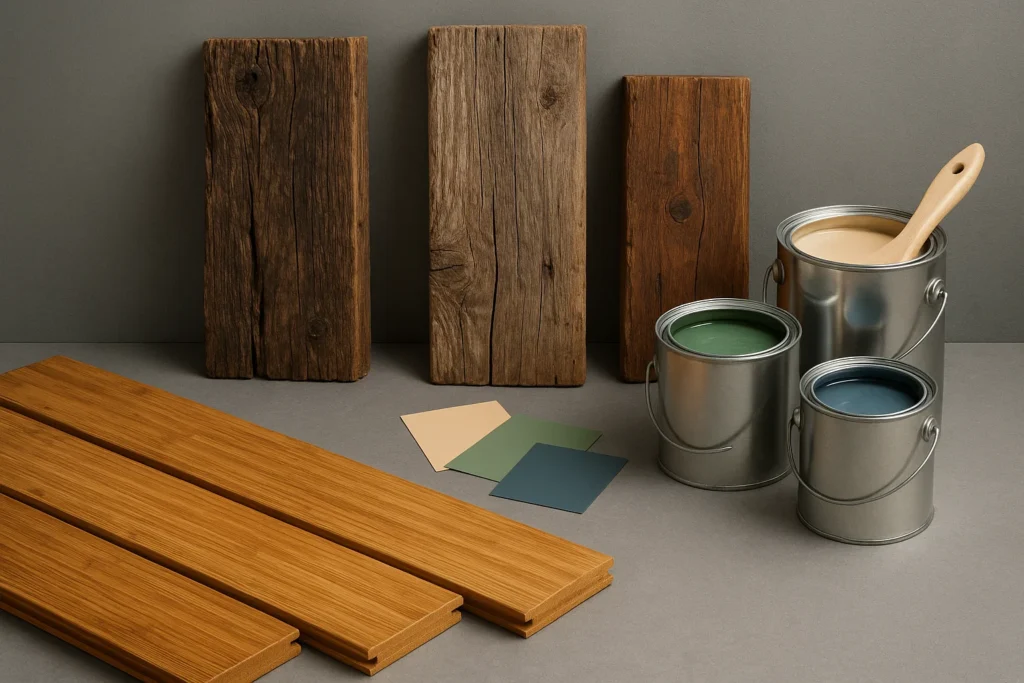 sustainable building materials: bamboo flooring, reclaimed wood, low-VOC paint