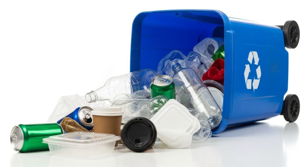 An overflowing blue recycling bin with a mix of clean recyclables and contaminating trash, symbolizing the failing US recycling system.