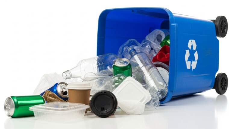 An overflowing blue recycling bin with a mix of clean recyclables and contaminating trash, symbolizing the failing US recycling system.