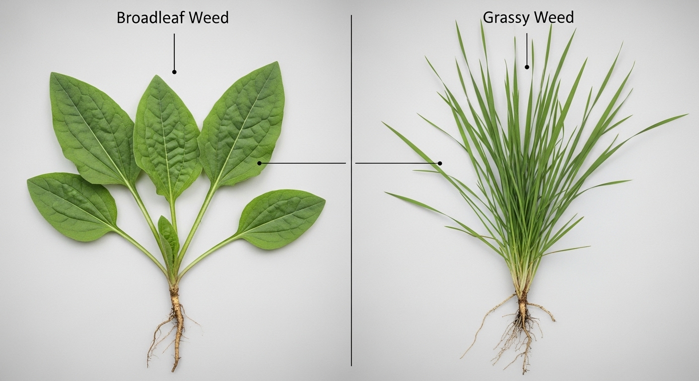 A close-up comparison of a broadleaf dandelion weed next to a blade-like grassy crabgrass weed in a lawn.