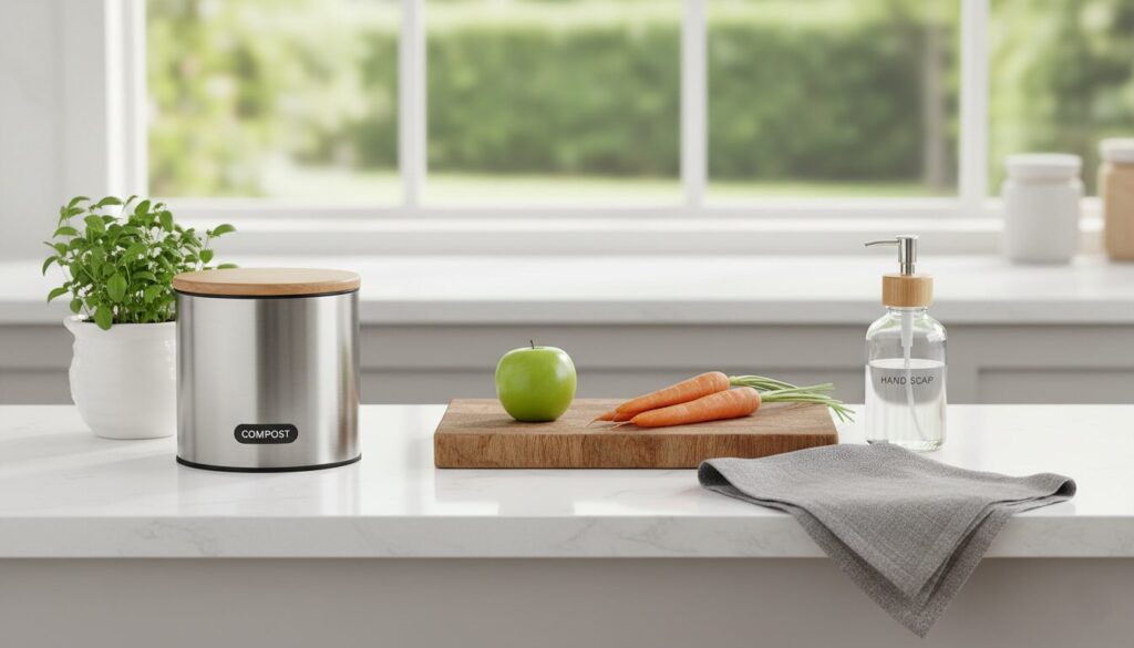 Apartment compost bin setup on a kitchen counter for odor-free composting