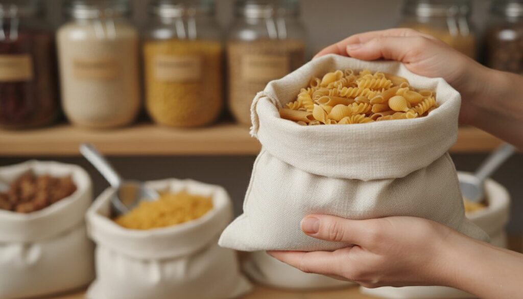 A person's hands filling a reusable cloth bag with pasta from a bulk bin at the grocery store, a key way to reduce packaging waste.