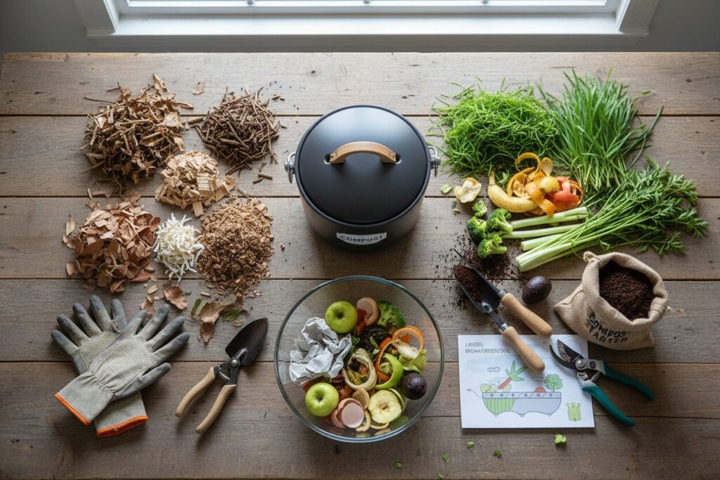 Tools and materials needed for composting in an apartment without smells