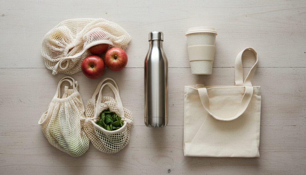 A flat lay on a wooden table showing the 'Big 4' plastic swaps: a reusable water bottle, a travel coffee mug, a canvas tote bag, and mesh produce bags.