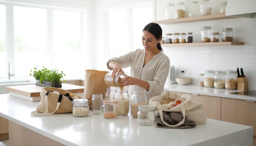 A bright and clean modern kitchen with a person unpacking groceries into glass jars, with reusable tote bags on the counter, demonstrating how to reduce plastic waste.