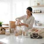 A bright and clean modern kitchen with a person unpacking groceries into glass jars, with reusable tote bags on the counter, demonstrating how to reduce plastic waste.