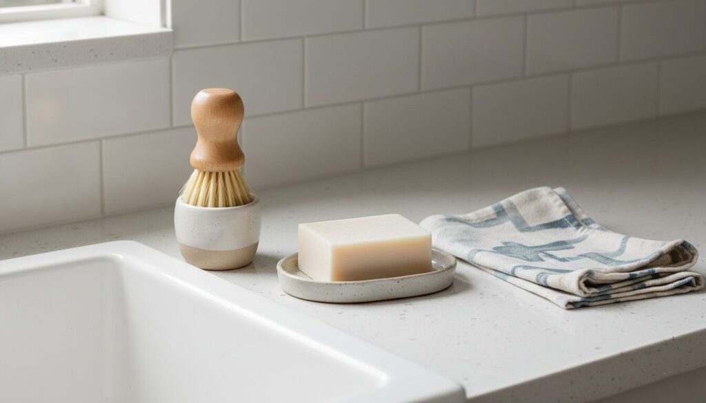A sustainable kitchen cleaning setup next to a sink, featuring a wooden dish brush, a solid dish soap bar, and a Swedish dishcloth.