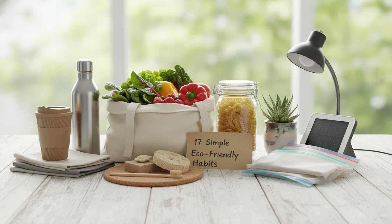 A table displaying items for 17 simple eco-friendly habits, including a reusable bag of produce, a water bottle, a bamboo toothbrush, and glass jars.