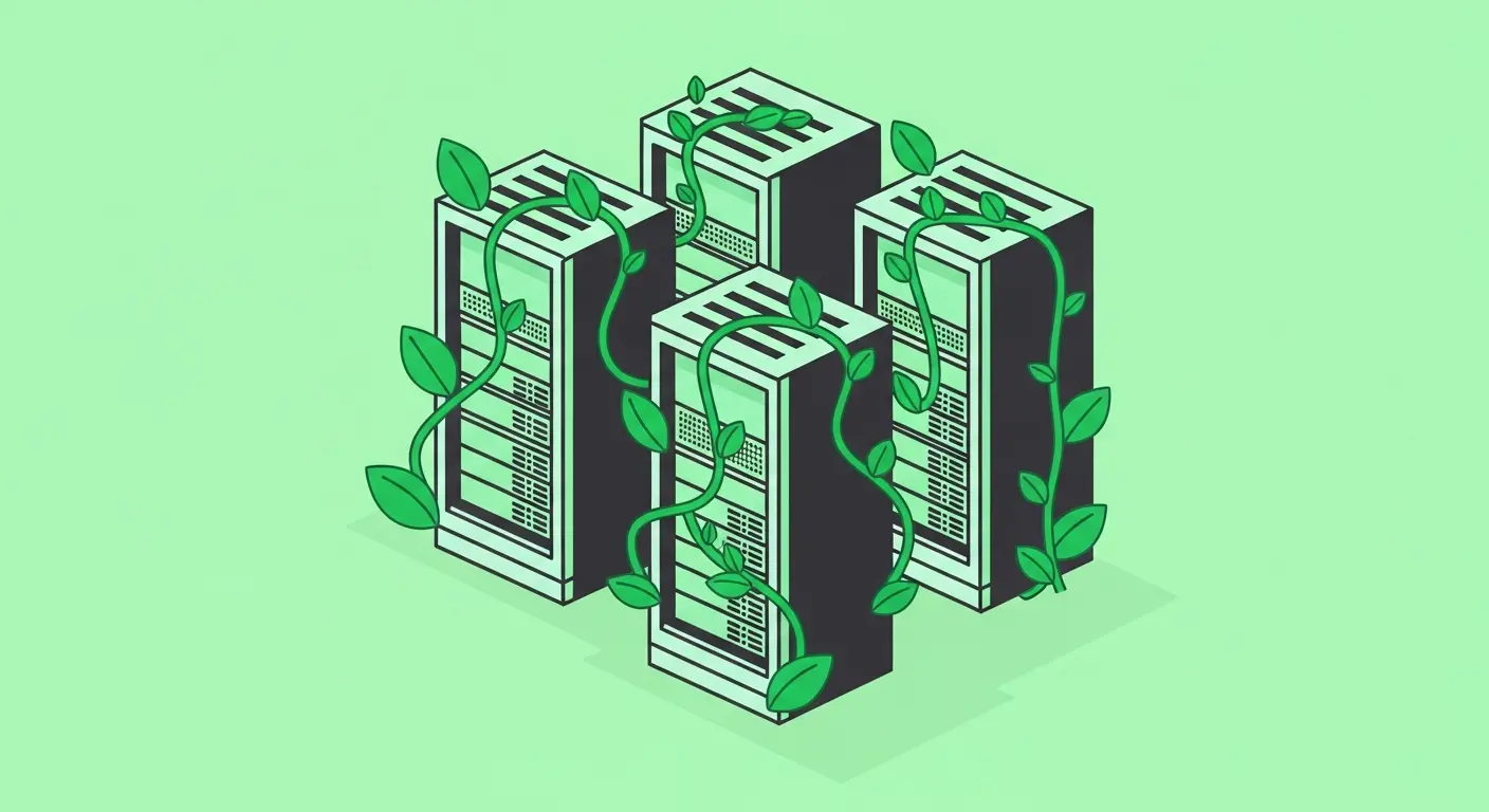Flat vector illustration of a server room with vines growing on racks, set against a pastel green background.