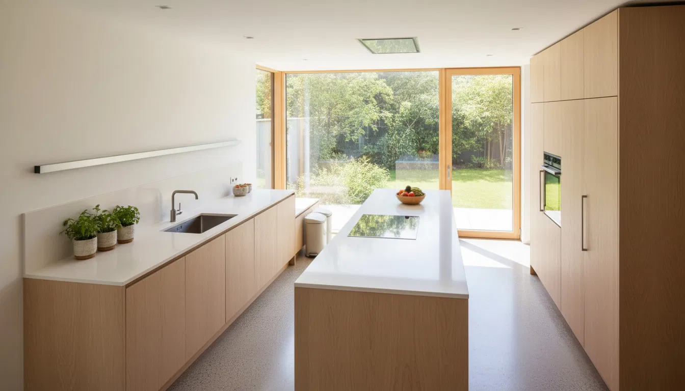 A modern, eco-friendly kitchen with bright sunlight and green plants.
