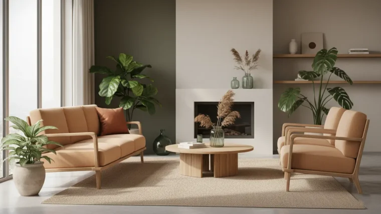 A bright, minimalist living room with light wood furniture and potted plants, illustrating the aesthetic often marketed as eco-friendly.