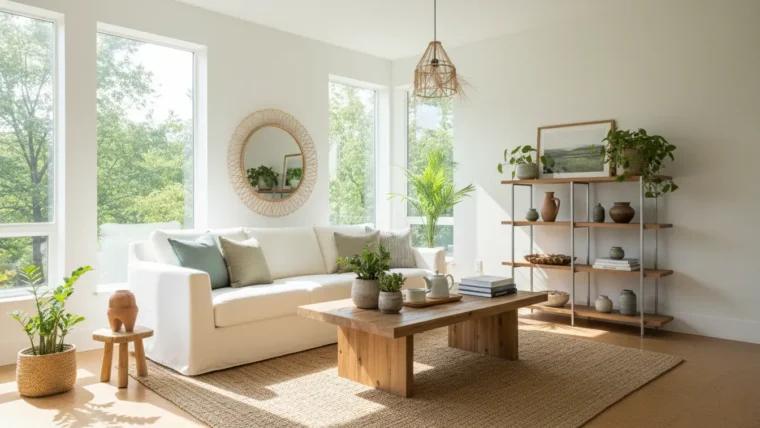 Eco-friendly modern living room with natural materials and sustainable home décor.