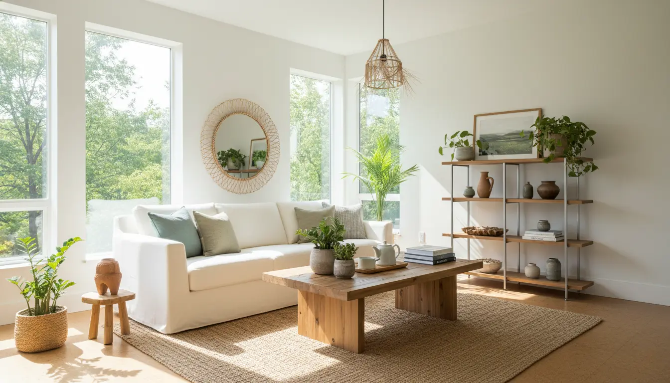 Eco-friendly modern living room with natural materials and sustainable home décor.