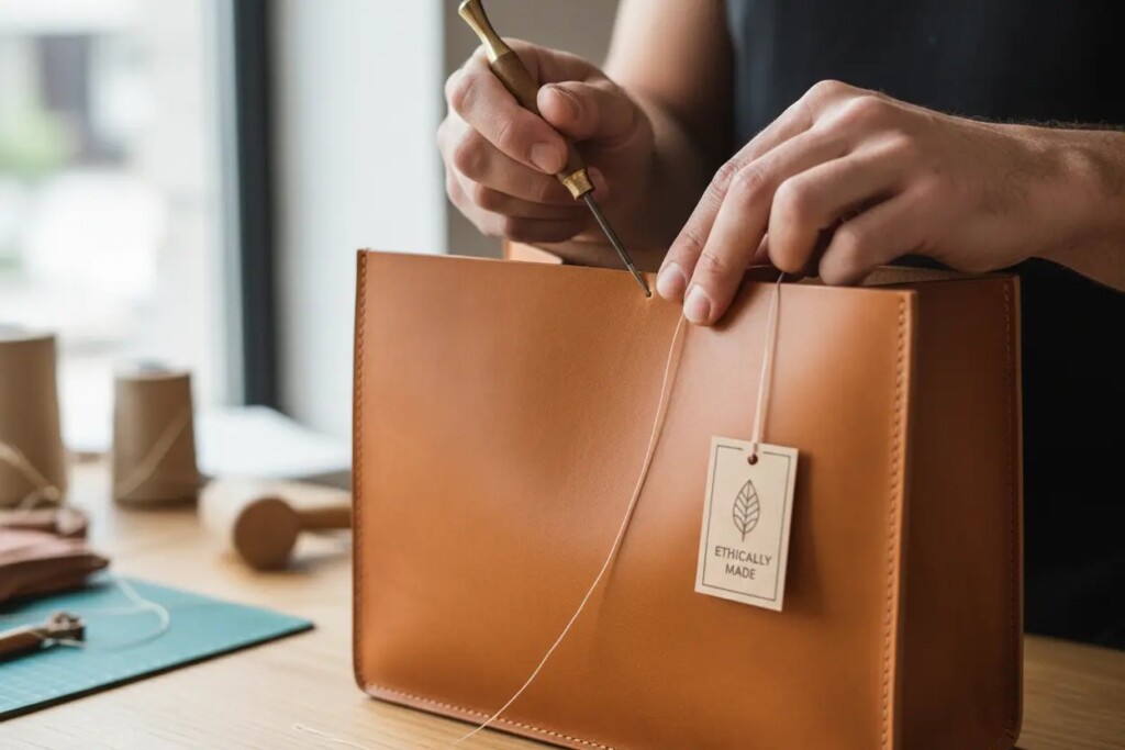 Close-up of hands crafting a high-end leather bag using sustainable, vegetable-tanned leather, highlighting ethical luxury and craftsmanship.
