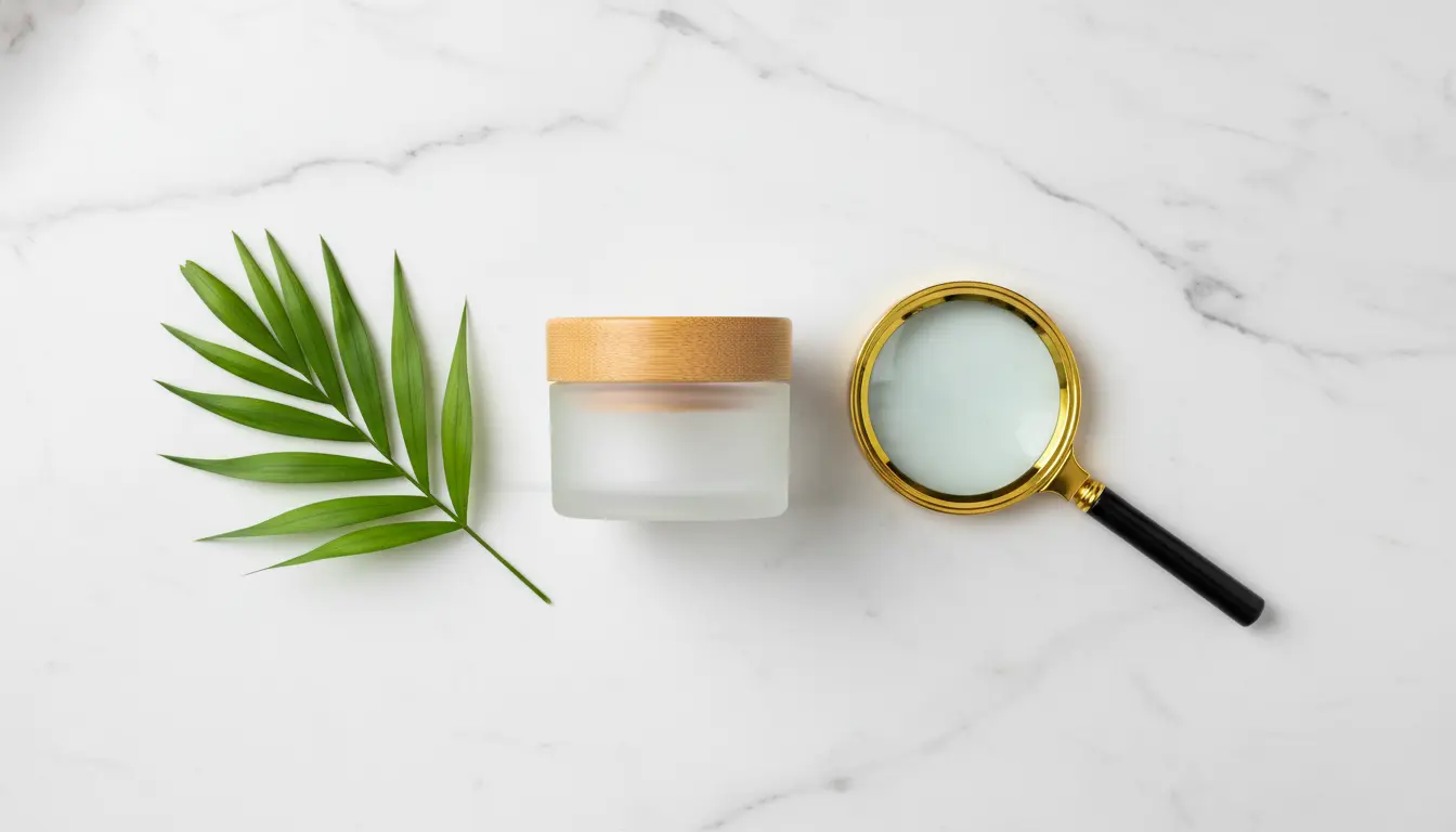 A beautiful flat-lay of a high-quality eco-friendly spa brand product in a glass jar, next to a magnifying glass and a single green leaf, representing how to check for sustainability.