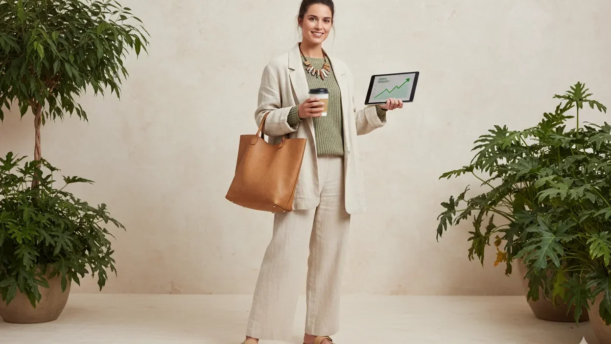 A stylish woman in a minimalist, high-quality outfit, standing in a sunlit, modern eco-friendly home with natural materials, embodying luxe sustainable living.