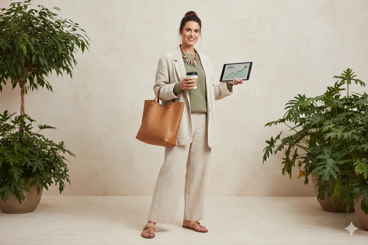 A stylish woman in a minimalist, high-quality outfit, standing in a sunlit, modern eco-friendly home with natural materials, embodying luxe sustainable living.