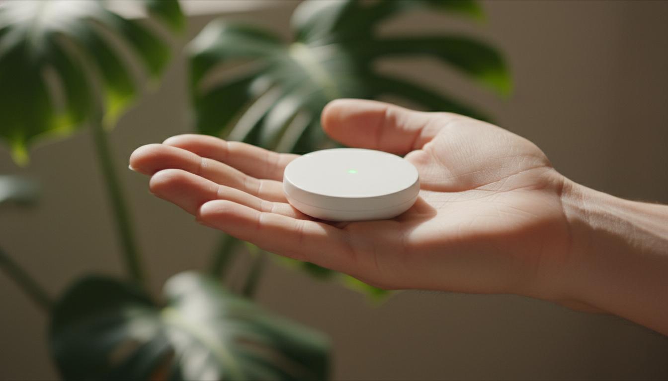 A human hand gently holding a small, white, modern smart home device with a soft green light, symbolizing mindful interaction with green technology and sustainable living.
