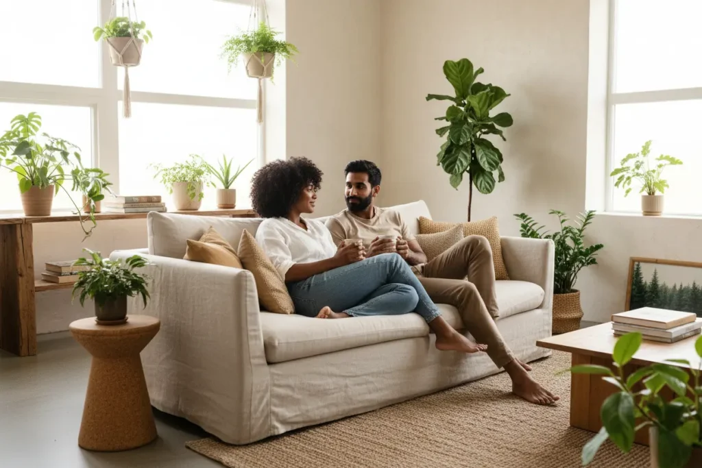 A happy, diverse couple relaxing in their thoughtfully designed, sustainable home, enjoying a quiet moment with natural light, representing mindful and responsible living.