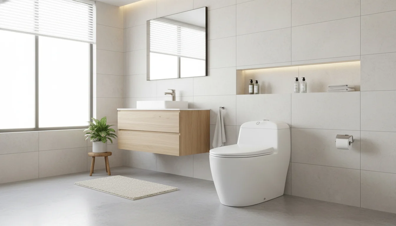 The design emphasizes cleanliness and efficiency, with natural light and a small plant, conveying a sense of environmental consciousness and comfort.