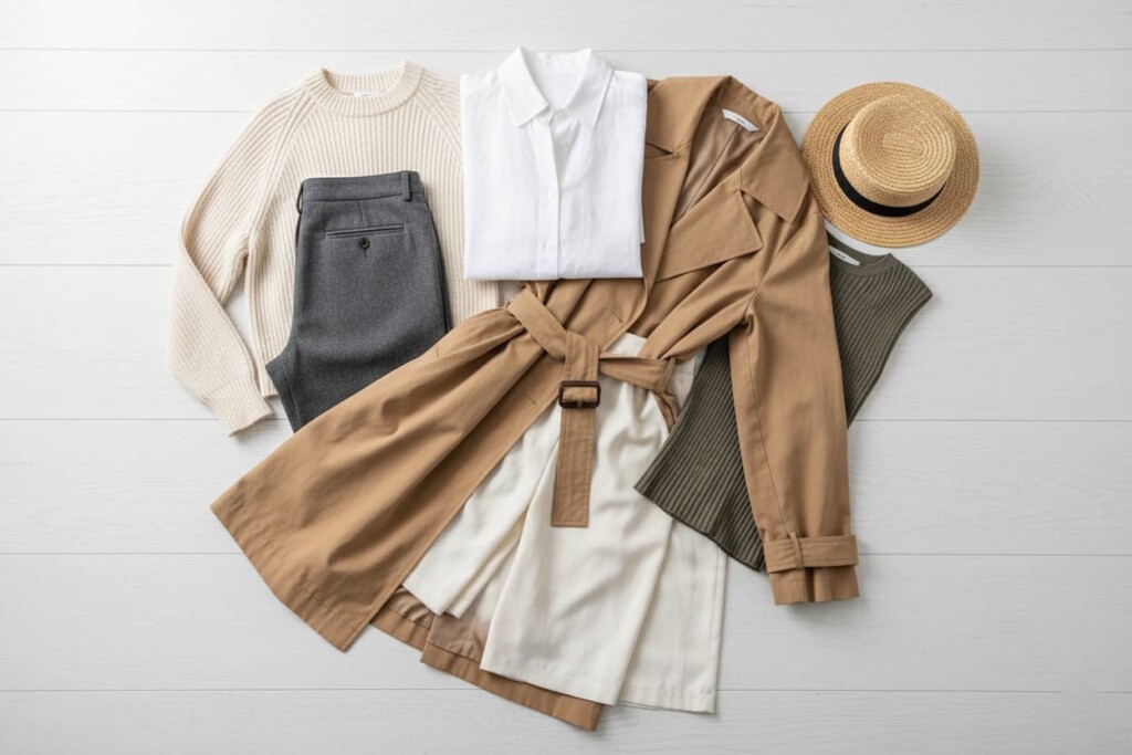 A meticulously organized minimalist wardrobe with a few high-quality, timeless fashion pieces made from natural fabrics like linen and wool, representing conscious consumption.