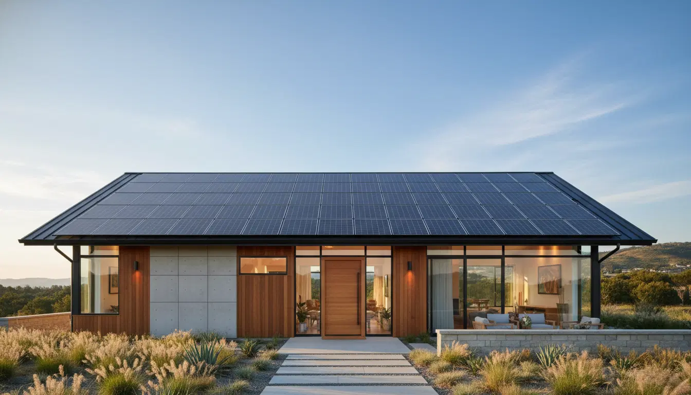 Modern home with solar panels on roof, representing sustainable living and renewable energy