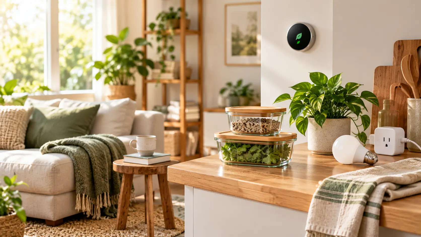 Sustainable home upgrades under $200 with LED bulb, smart plug, reusable containers, indoor plants, and energy-saving home features