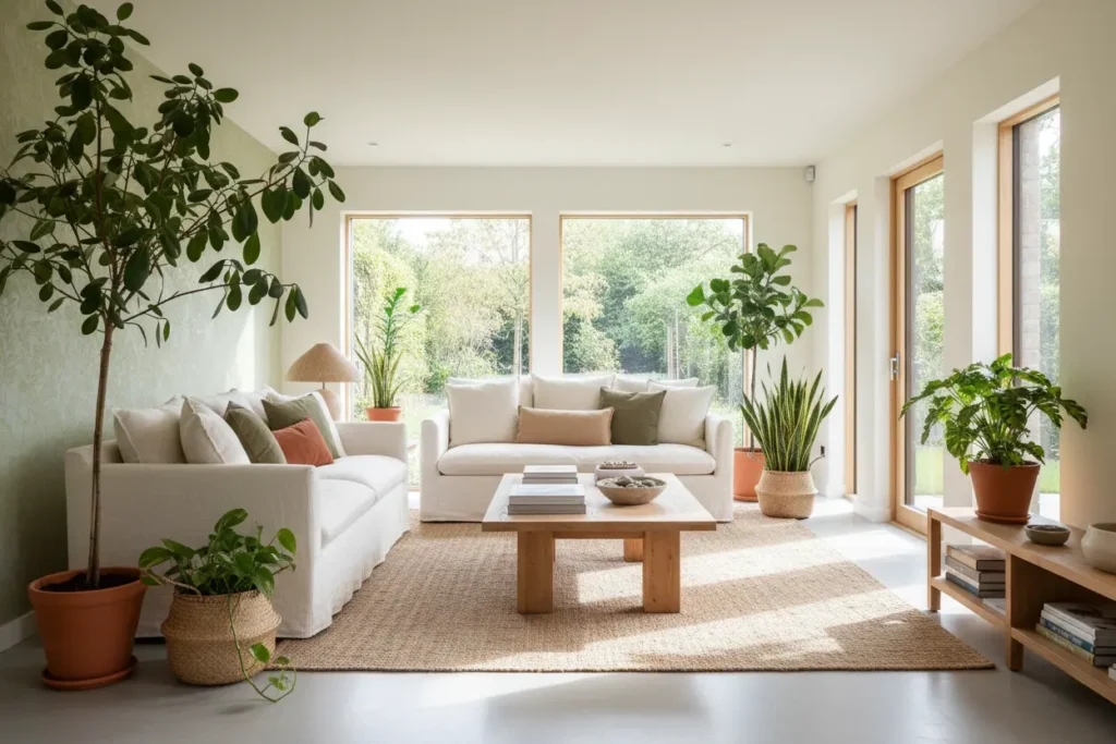 A spacious, modern living room with large windows, natural light, organic furniture, and abundant indoor plants, showcasing sustainable interior design and green living.