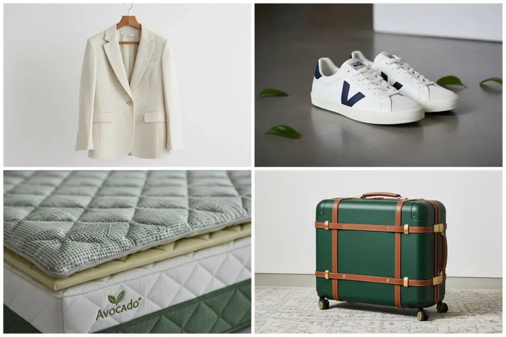 Elegant display of designer items from an ethical fashion brand, showcasing sustainable luxury clothing and accessories in a boutique setting.