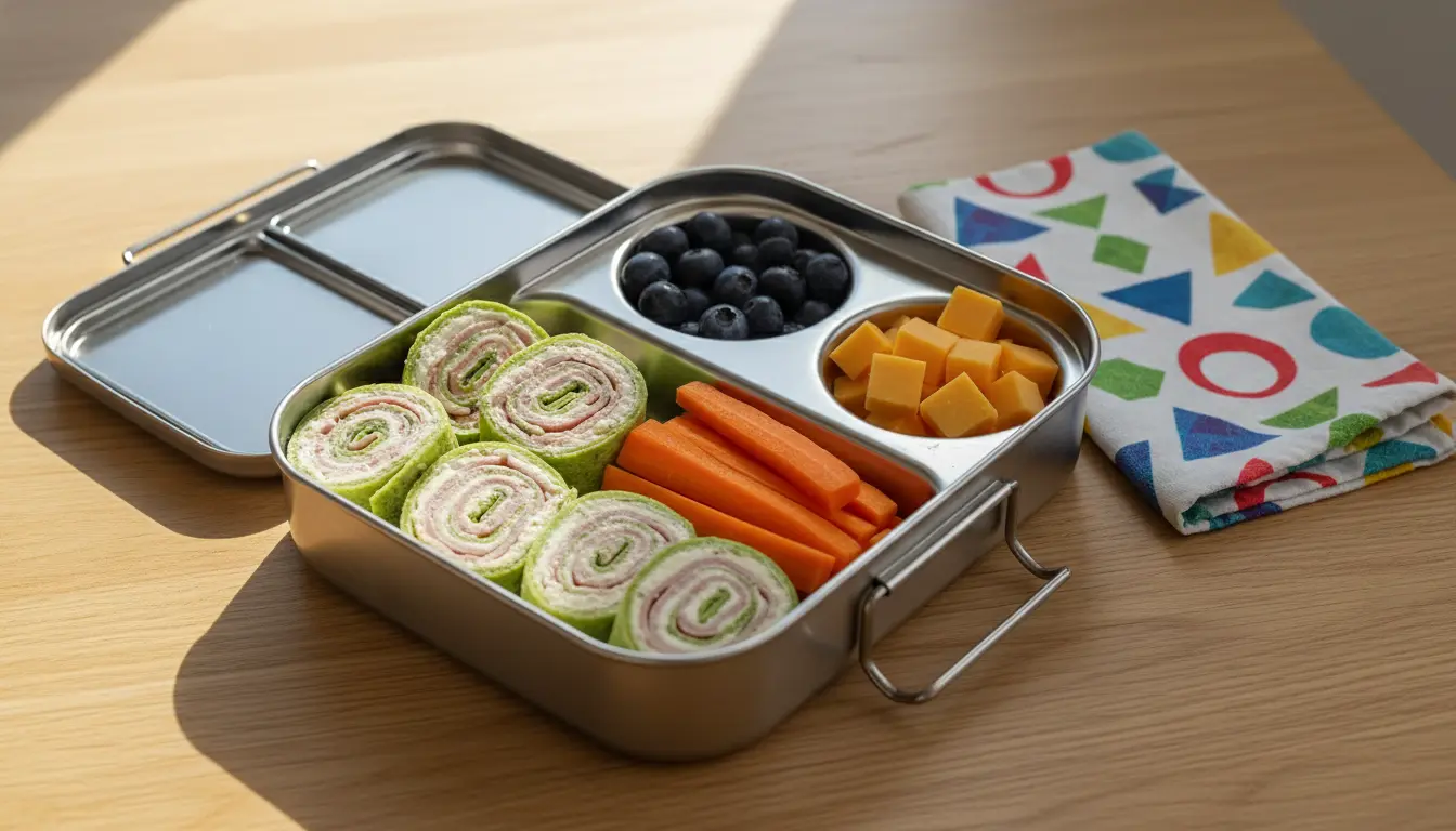 Open stainless steel bento box filled with colorful fresh vegetables, pinwheels, and fruit on a wooden table.