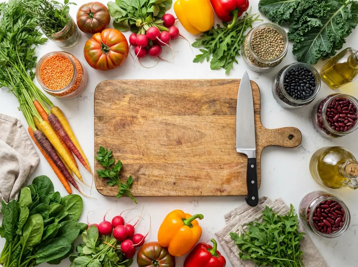 A bright kitchen counter displaying fresh vegetables, grains, and legumes representing a climate-friendly low-carbon diet.