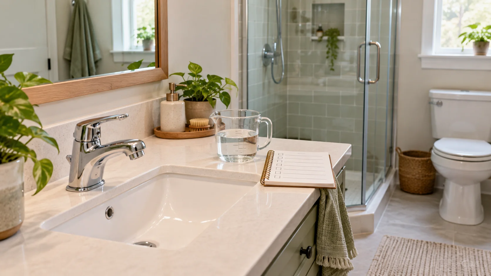 Sage green bathroom vanity with faucet, measuring jug and checklist beside a shower and toilet