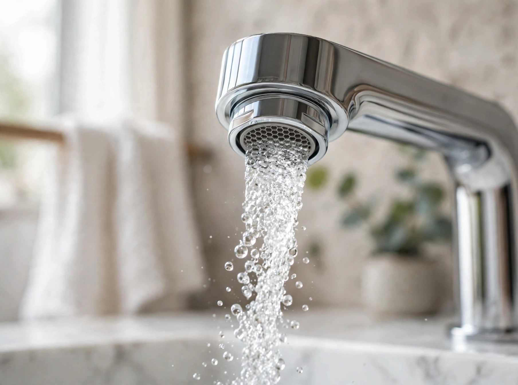Close up of a modern bathroom faucet with an aerated water stream